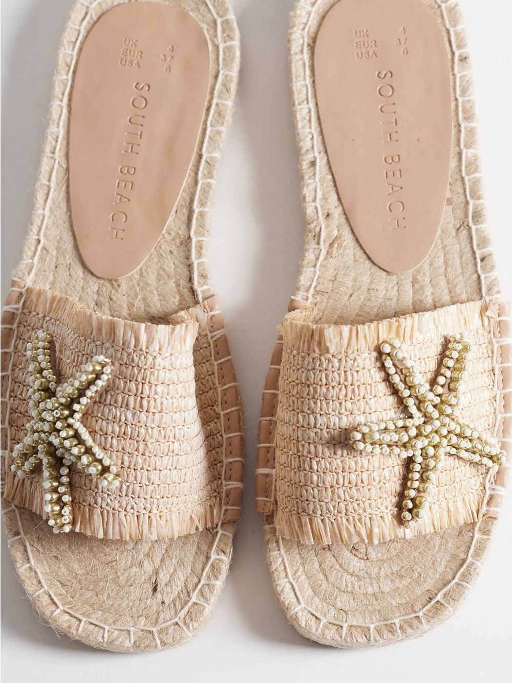 South Beach Beige Beaded Starfish Espadrille slip on flat Slide